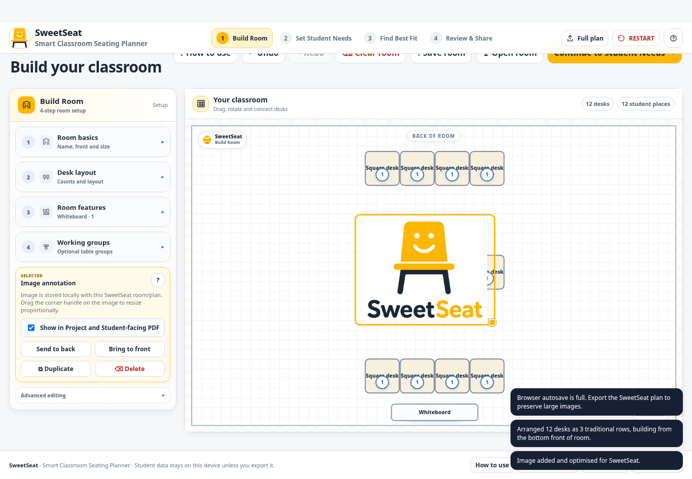 SweetSeat room builder with room annotations